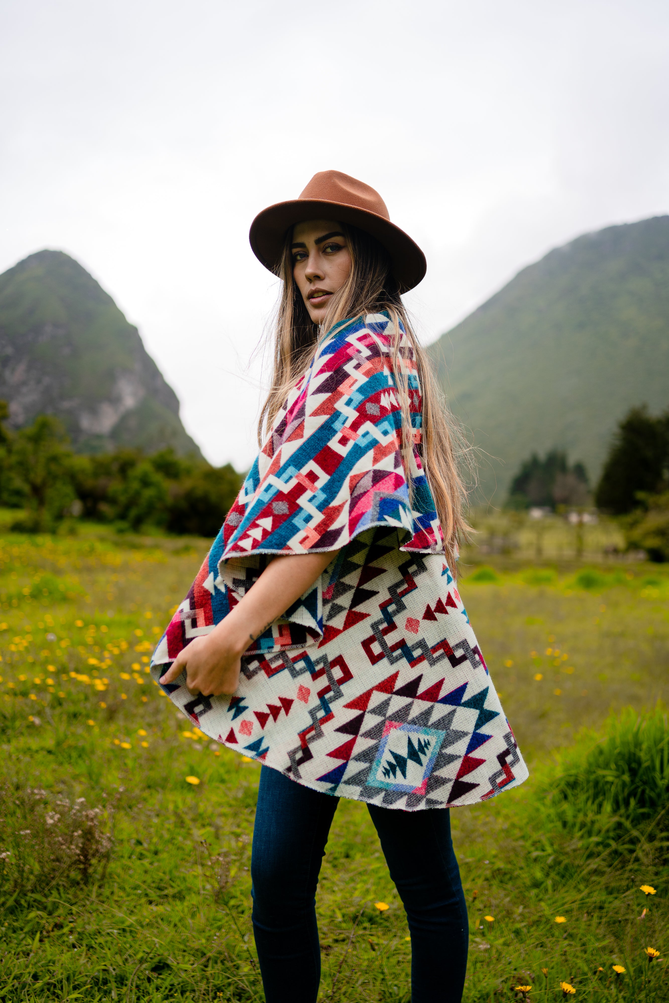 Alpaca double sided poncho for women